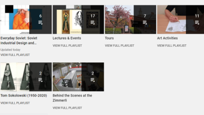 Screengrab of Zimmerli YouTube Channel showing 6 playlists.