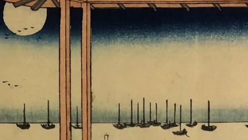 Print of boats on water with birds flying by a full moon, seen through a wooden porch