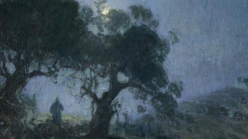 Painting of moonlit scene with figure standing under two trees in a hilly landscape