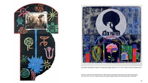 Spread from Angela Davis: Seize the Time catalogue with two colorful prints by Juan Sanchez