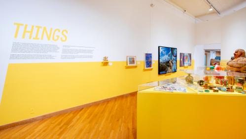 View of gallery with paintings and many small objects gathered on a large yellow pedestal; wall text says “Things”