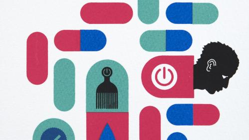 Multi-colored pill shapes; one at top left and one at mid right with a head peeking out.
