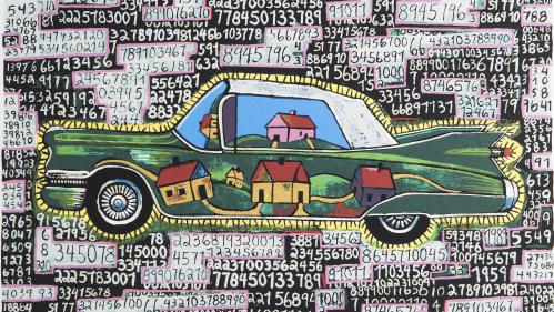 Painting of a green car with white roof and painted houses on the car body, surrounded by numbers