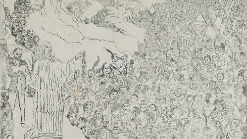 Black and white illustration of Christ feeding fish to a crowd