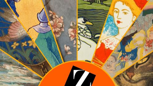 collage of artwork from the collection with orange sun and Z logo