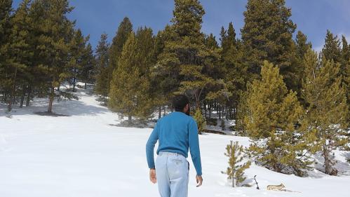 Jerome Ellis, wearing blue sweater and jeans, stands back to the viewer, in a clearing of snow with green trees in the background.