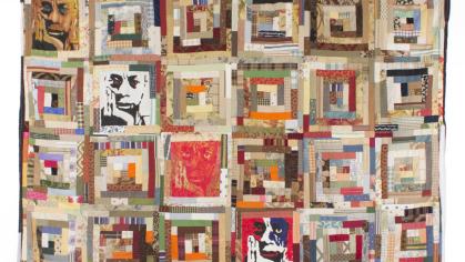 Multi square patchwork quilt featuring the face of James Baldwin in the blocks running from top left to bottom right