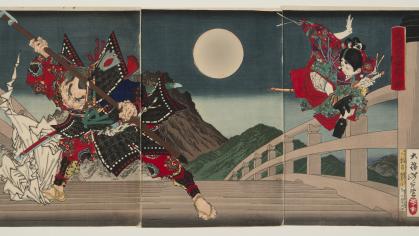 Two Japanese warriors battle on a bridge under a full moon; color print in three sections