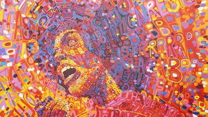painting of Angela Davis in vibrant colors and featuring her own words