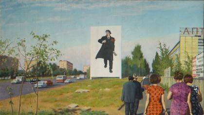 Painting with group of people walking on a sidewalk towards an oversized billboard of Lenin