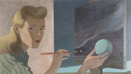 Blond woman painting a landscape with the moon in her hand