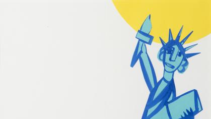 blue Statue of Liberty against a bright yellow sun