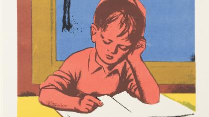 illustration of boy studying a book
