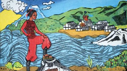 Woodblock print of Black woman standing in front of a lake with mountains in the distance; some buildings are on fire