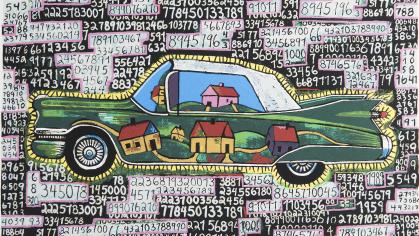 Painting of a green car with white roof and painted houses on the car body, surrounded by numbers