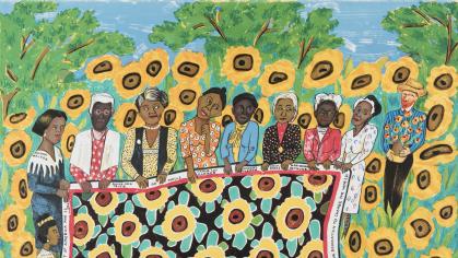 Illustration of 7 black women holding a sunflower quilt in a field of sunflowers with Van Gogh at far right