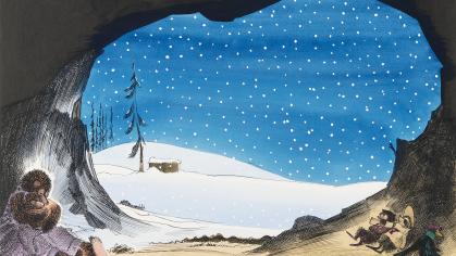animals rest in cave and snow falls outside at night