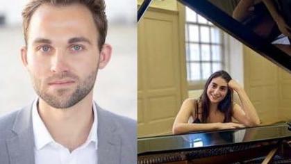 headshots of white man on left and white woman at a piano on right
