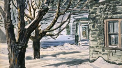 watercolor painting of houses and trees with snow on them