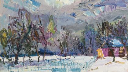 painting of colorful winter landscape with trees and building