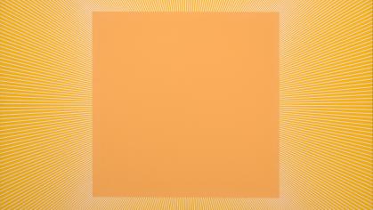The painting is a square format with an outer gold square and an inner mustard colored square. The outer square features a line pattern that draws toward the center of the piece.