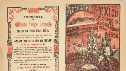 Print with imagery of a town with towers and text in Spanish.