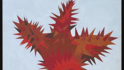 A red cactus or plant rises above a gray background.