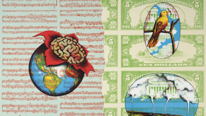 Left background music sheet, right background dollar bills, left side features exploding earth with skin like layers peeled back to reveal a brain, right side shows two vignettes of a bird on a brand eating a worm and a field with tornadoes.