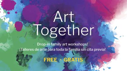 Text that reads the title of Art Together and various general details overlays a background of various colored ink splotches.