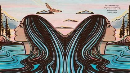 A lake with a big flying overhead. Out of the lake are mirrored images of a Native American woman with her hair flowing from her head, down into and becoming the lake.