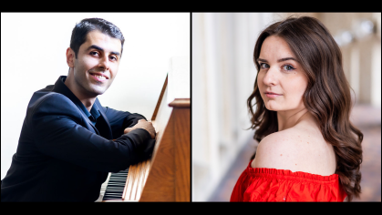 Two portraits next to one another. The left portrait features a smiling man in a suit jacket leaning on a piano while seated. The right portrait features a smiling woman with long brown hair posed with her head looking back over her shoulder at the camera, she is wearing a bright red top.