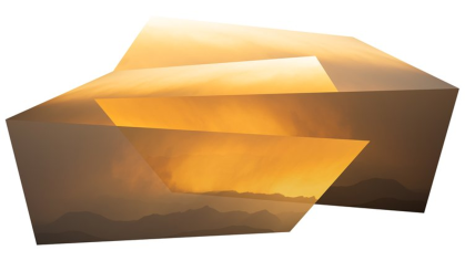 A geometric shaped canvas in front of a white background displays warm earth tones that form a gradient horizon moving upwards into bright yellow whites.