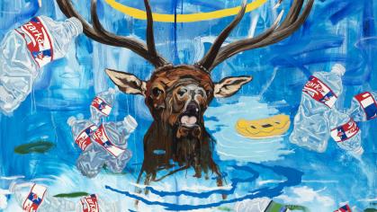 A crying elk with a gold halo is surrounded by litter and environmental destruction in front of a blue background.