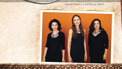 Graphic with decorative textile background and tiling pattern stripe. Top text reads Zulal, the name of the band. A photo in the middle of the graphic shows three women in black dresses posing stoically in front of an orange back drop.