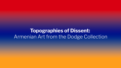 Placeholder graphic with white text reading the name of the exhibition in front of a background of three horizontal stripes representing the Armenian flag: Red, blue, orange.