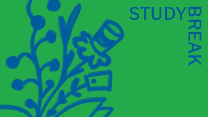 Green background with a book featuring flowers blooming out of it. Foreground text reads "Study Break".