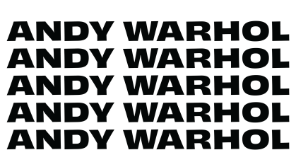 On a white background reads "Andy Warhol" in black text repeated on five lines.