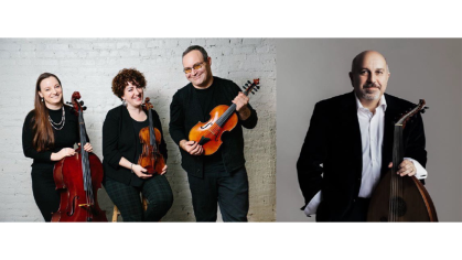 Photo right depicts Ara Dinkjian in a black suit holding his instrument. Photo left depicts Trio Fadolín dressed in all black as all three musicians hold wood string instruments.