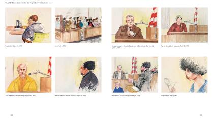 Spread from Angela Davis book, Seize the Time, featuring 8 courtroom sketches from her trial 