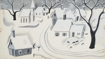 Painting in black and white of snow covered town; one figure shovels; another walks down a road passing through the town