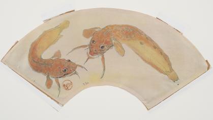 Fan-shaped print of two swimming goldfish seen from above