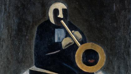 Stylized painting of a person sitting on a bench playing an instrument mostly in tones of black and white