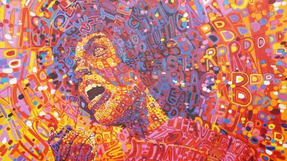 Portrait of Angela Davis speaking, made out of words connected to her life. Colors are mainly orange, red, pink, and blue.