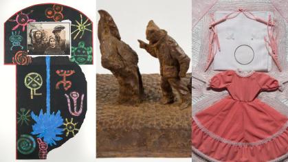 Collage of various artworks, a colorful print at left, brown sculpture of abstract figures at center, abstract woman figure in pink dress at right