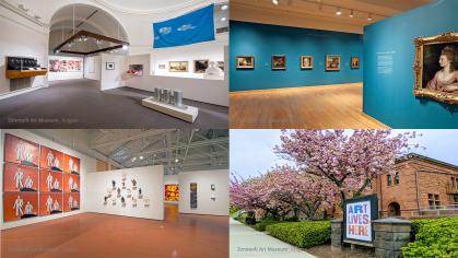 Collage of gallery spaces and exterior of museum building for virtual backgrounds