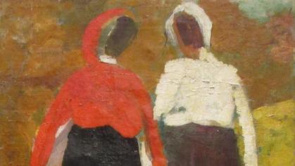 Stylized painting of two women standing in a field made with thick brushstrokes