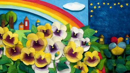 illustration of flowers, rainbow, sky