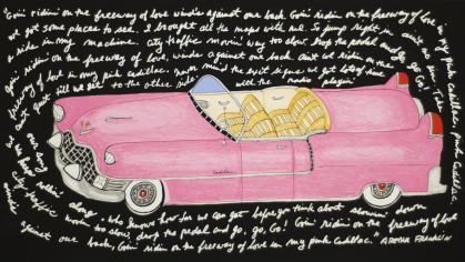 black background with words around a pink Cadillac