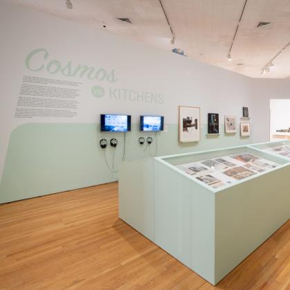 Gallery view with video monitors, paintings and a large case with publications; wall text says “Cosmos vs Kitchens”