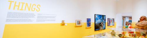 View of gallery with paintings and many small objects gathered on a large yellow pedestal; wall text says “Things”